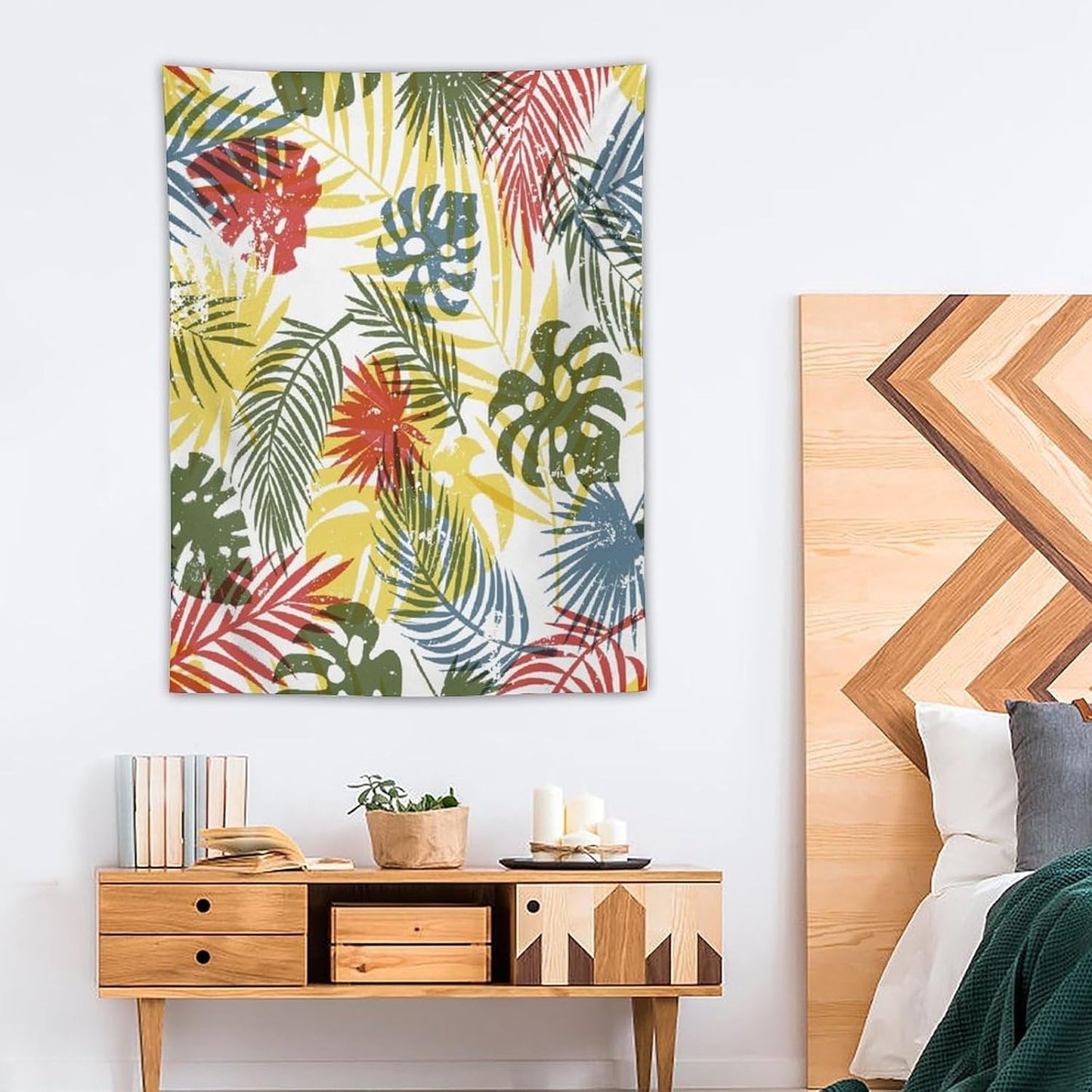 ICMOLYYENLO Boho Green Leaves Tapestry, Mid Century Abstract Tropical Palm Leaves Modern Minimalist Geometric Wall Hanging, Neutral Home Decor Art for Living Room Bedroom Dorm 60x80 Inch