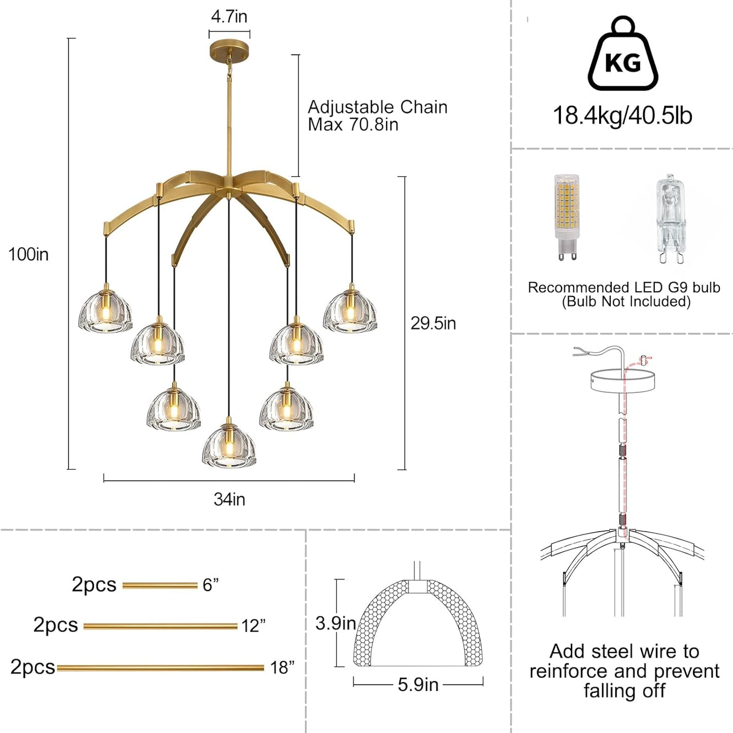 Modern Gold Chandelier, 34 inch Crystal Chandeliers for Dining Room (7-Light), Elegant Decoration Light for Living Room, Foyer Brass Chandeliers