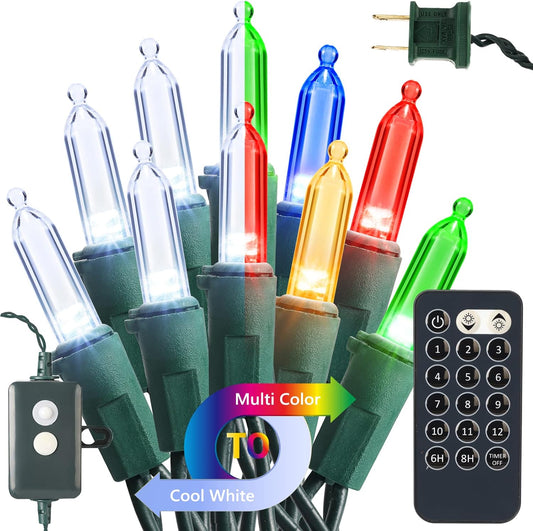 Brizled Christmas Lights, 33ft 100 LED Color Changing Christmas Tree Lights Connectable with Remote, 12 Modes Cool White & Colored Xmas Lighting, Clear Mini Xmas Lighting for Indoor Outdoor Home Decor