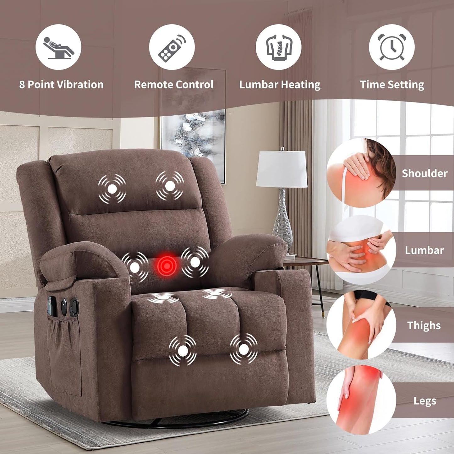 Rocker Recliner Chair with Heat and Massage, 360° Swivel Recliner Chairs for Adults, Heavy Duty Reclining Sofa Chair with USB Port Cup Holders Side Pockets for Living Room (Brown)
