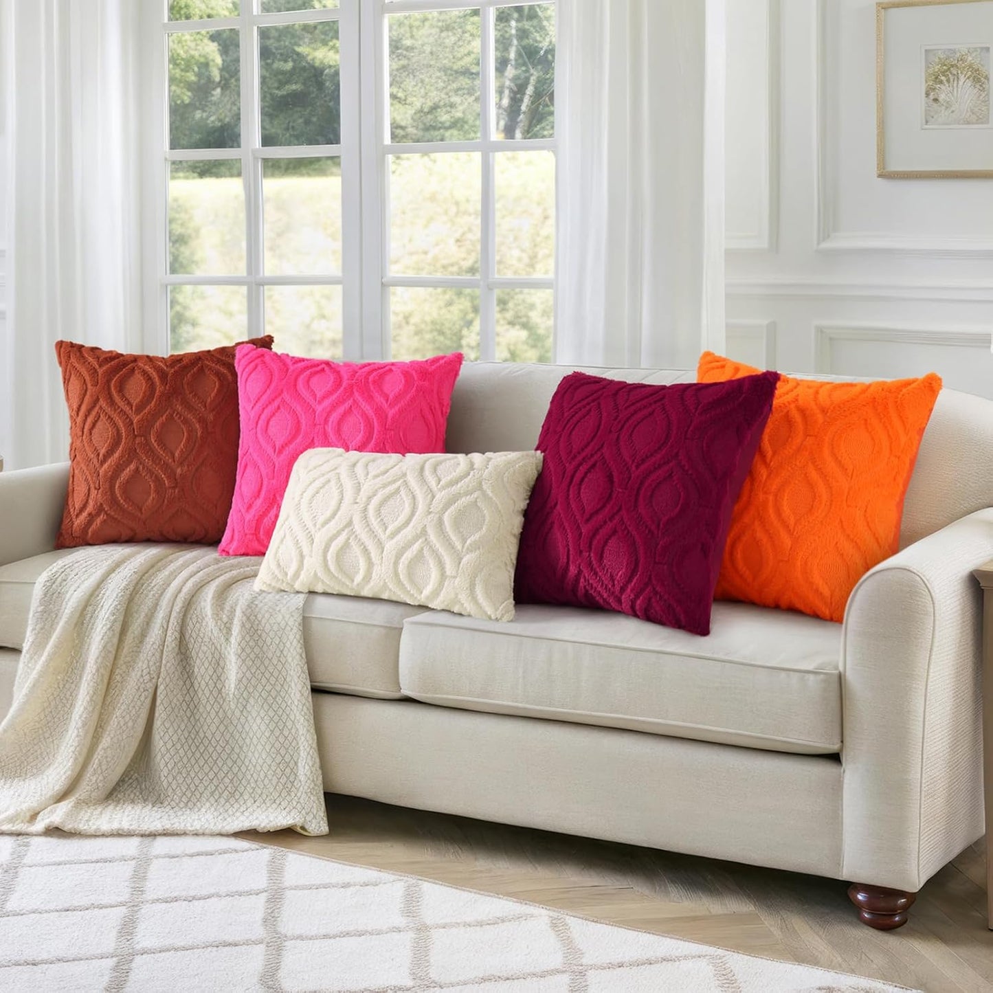 decorUhome Fall Throw Pillow Covers 18x18 Inch Set of 2, Soft Plush Decorative Faux Fur Rust Solid Couch Pillow Covers, Accent Farmhouse Neutral Square Euro Pillow Cases for Sofa Bed Living Room