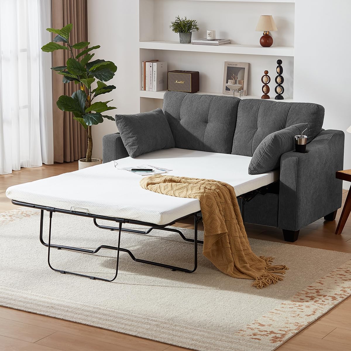 Pull Out Sofa Bed, Full Size Sleeper Sofa, 2-in-1 Convertible Corduroy Couch with USB Charging, Memory Form Couch for Living Room, Apartment and Small Space (Dark Grey, Corduroy - Full Size)