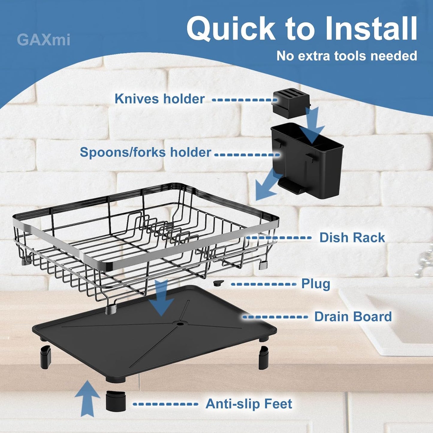 GAXmi Dish Drying Rack Over The Sink Drainer with Drainboard Utensil Holder, 1-Tier Grey