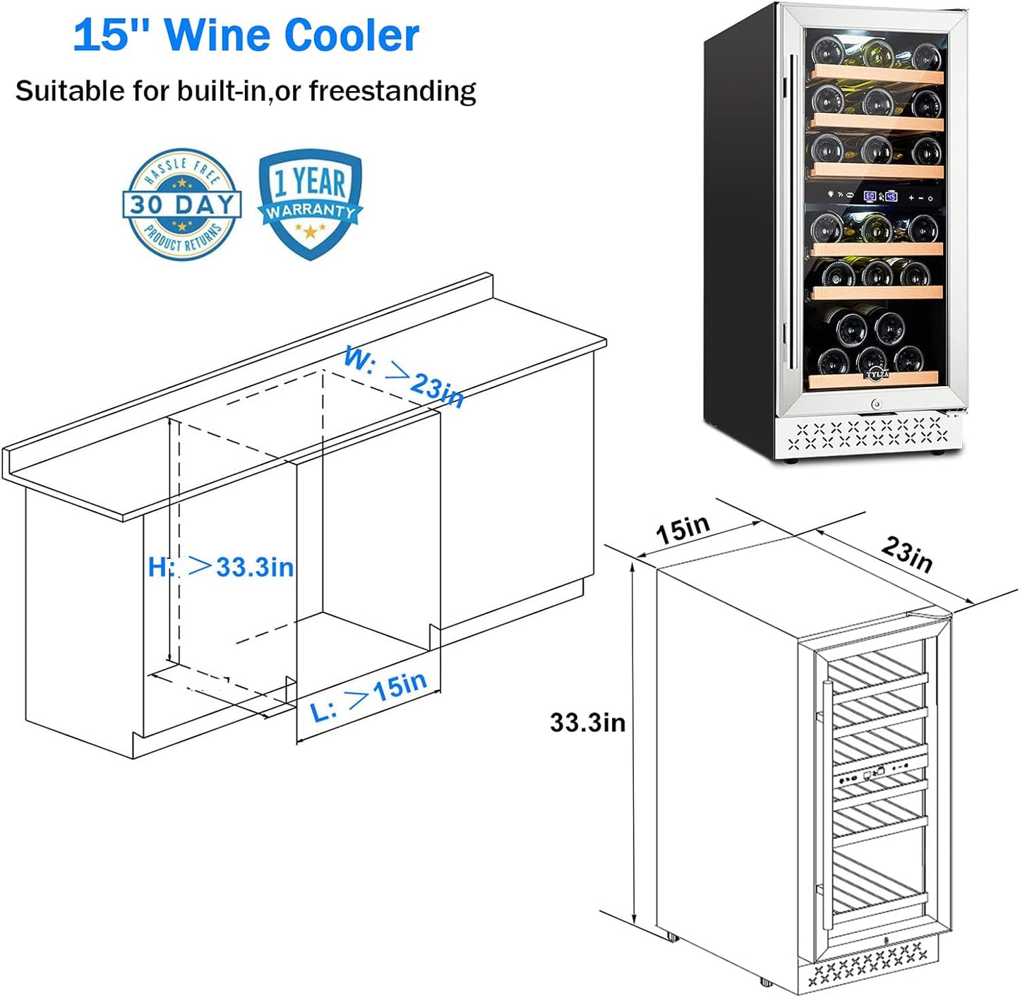 Tylza Mini Fridge 15 Inch Wine Cooler Under Counter, 33 Bottle Dual Zone Wine Fridge with Stainless Steel, Wine Refrigerator Freestanding, Built-in Wine Cellars