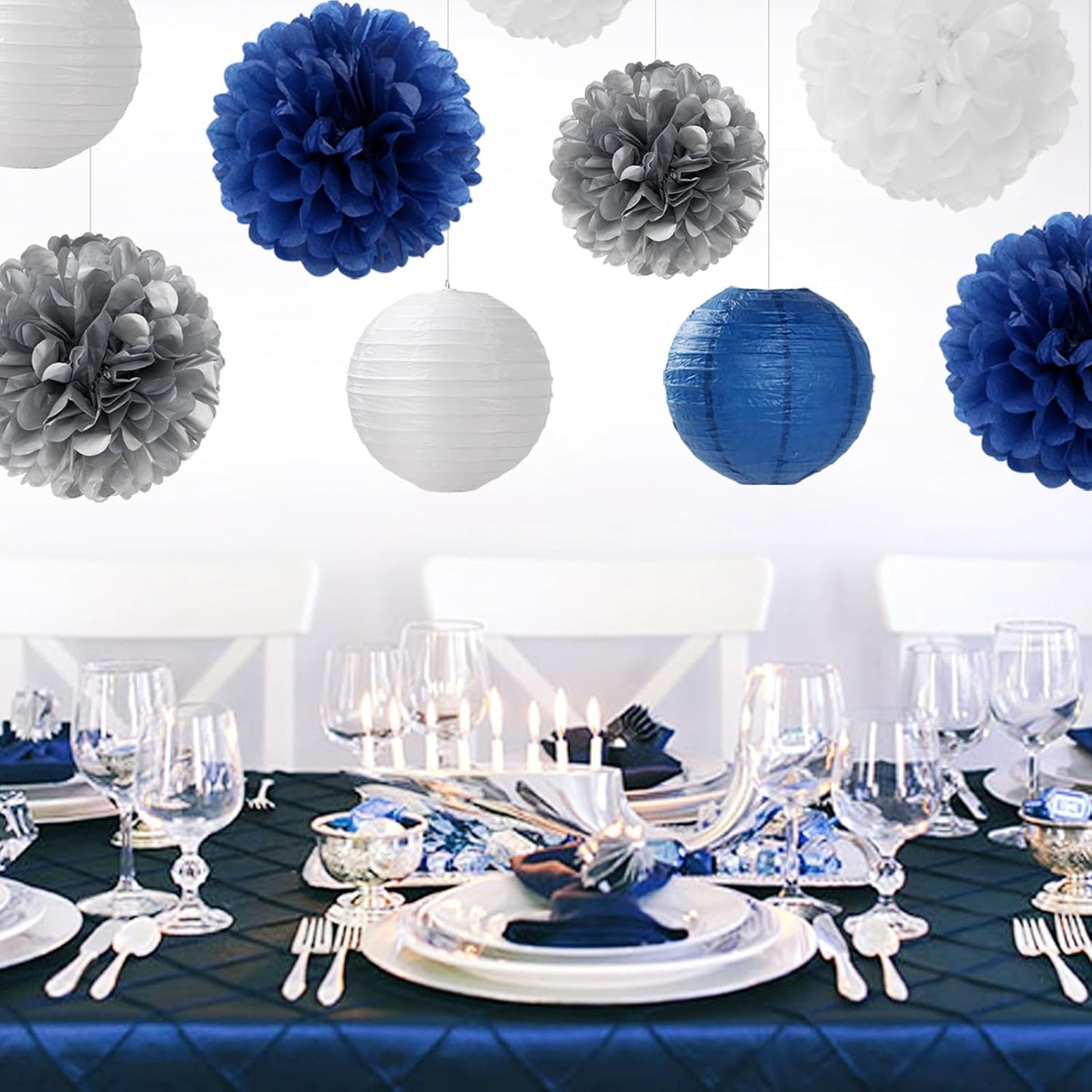 Navy-Blue Silver Party-Decorations Paper-Flowers Lanterns - 15PCS Birthday Royal White Wedding Tissue Pom Poms Streamers,Baby Bridal Shower Bachelorette Graduation Hanging Supplies Decor Hugfond