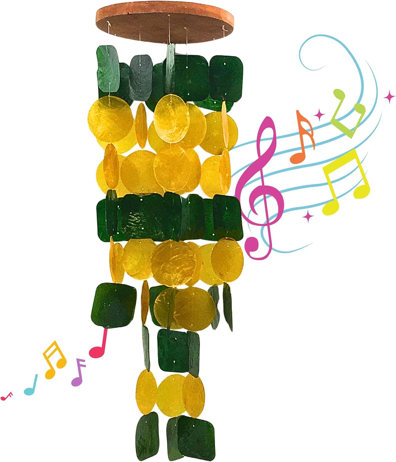 Bellaa 24896 Wind Chimes Outdoor, Garden Decorations, Musical, Indoor/Outside Windchimes, Beach, Ocean Breeze, Gifts for Mom, Gift for All Occasions, Capiz Sea Glass Shells Wood Yellow Green