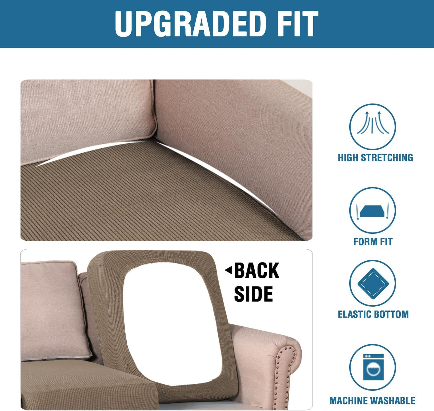 H.VERSAILTEX Super Stretch Individual Seat Cushion Covers Sofa Covers Couch Slipcover Sets Thick Jacquard Textured Twill Fabric (3 Piece Sofa Cushion Covers, Macchiato)