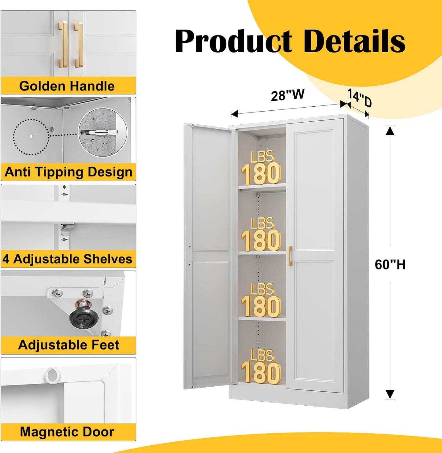 Kitchen Cabinet Storage,60”Metal Pantry Cabinet with Doors and 3 Adjustable Shelves,Food Pantry Cabinets with 2 Gold Handles,White Tall Storage Cabinet for Livingroom,Pantry,Bathroom,Kitchen