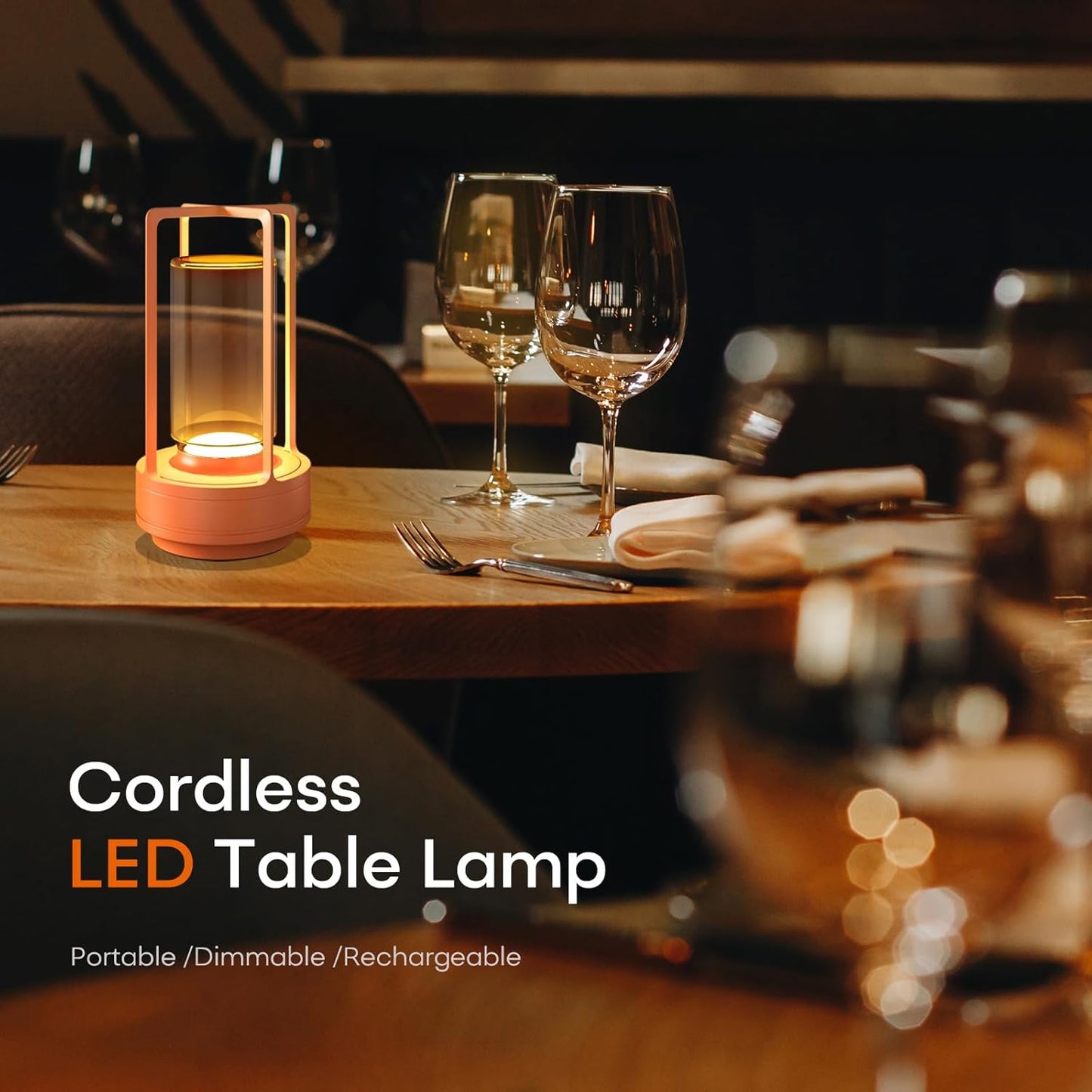 Portable Metal Table Lamp for Indoor/Outdoor ,Rechargeable Cordless LED Lamp, 3-Colour Infinitely Dimming Battery Powered Small Desk Lamp, Restaurant/Bedroom/Bar/Coffee Shop/Camping Light (Orange)