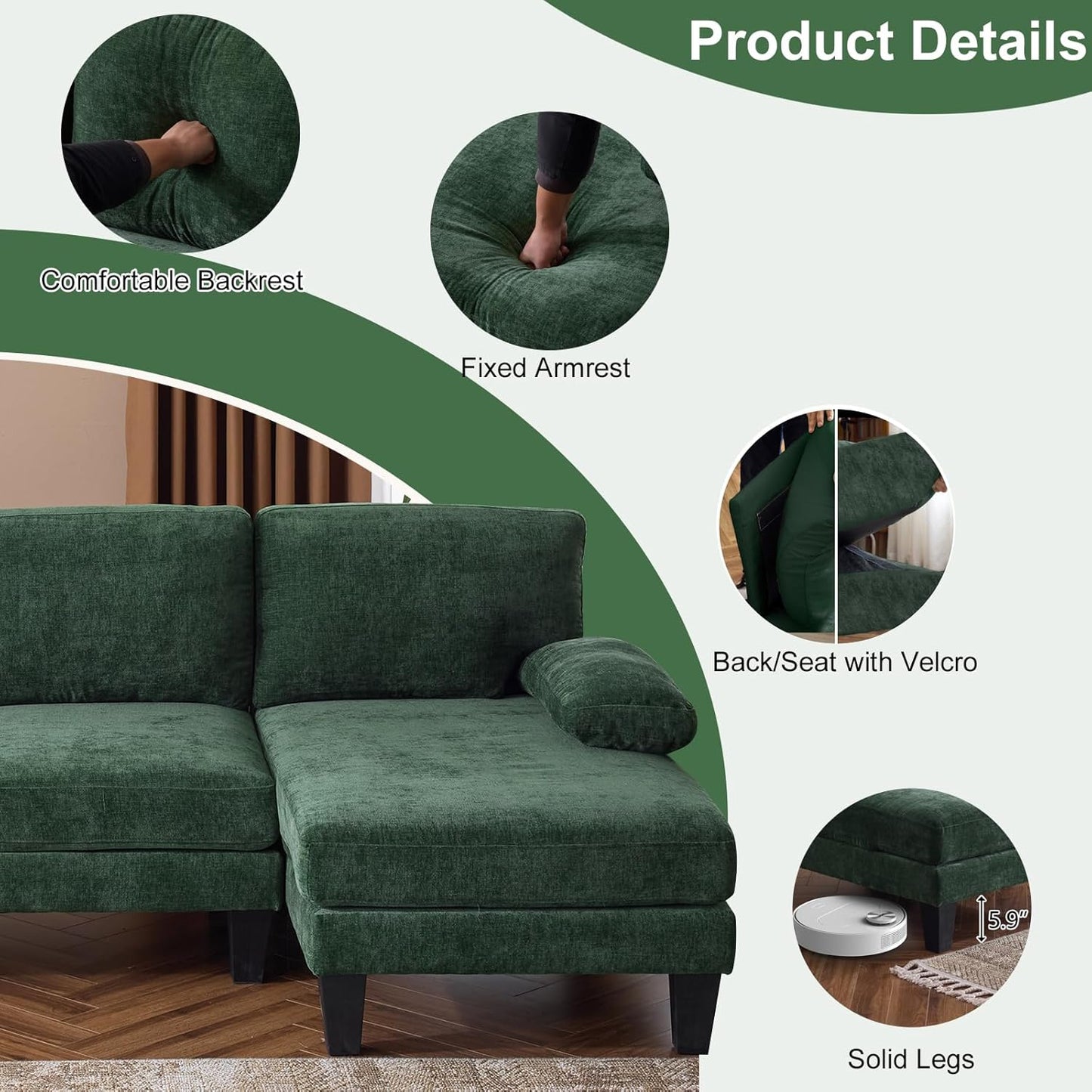 Karl home U-Shape Sectional Sofa Couch 111" Modern 4-Seat Sofa with Chaises Chenille Fabric Upholstered Covertible Couch with Wood Grain Legs for Living Room, Reception Room, Apartment, Green