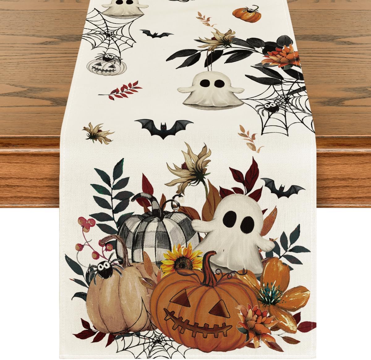 Artoid Mode Pumpkin Ghost Leaves Spider Web 210 GSM Halloween Table Runner, Spooky Kitchen Dining Table Decoration for Home Party Decor 13x72 Inch