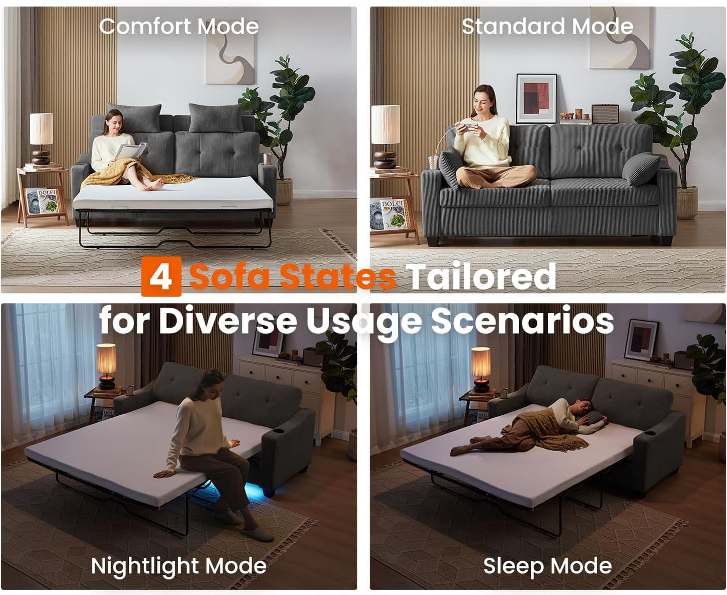 Pull Out Sofa Bed, Full Size Sleeper Sofa, 2-in-1 Convertible Corduroy Couch with USB Charging, Memory Form Couch for Living Room, Apartment and Small Space (Dark Grey, Corduroy - Queen Size)