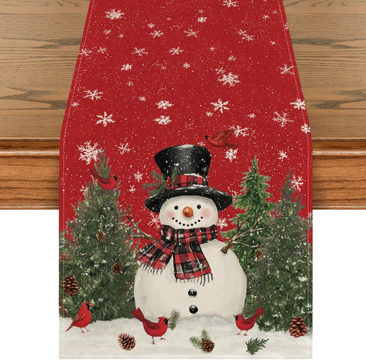 Artoid Mode Snowman Christmas Birds Trees Table Runner, Seasonal Winter Xmas Holiday Kitchen Dining Table Decoration for Indoor Outdoor Home Party Decor 13 x 108 Inch