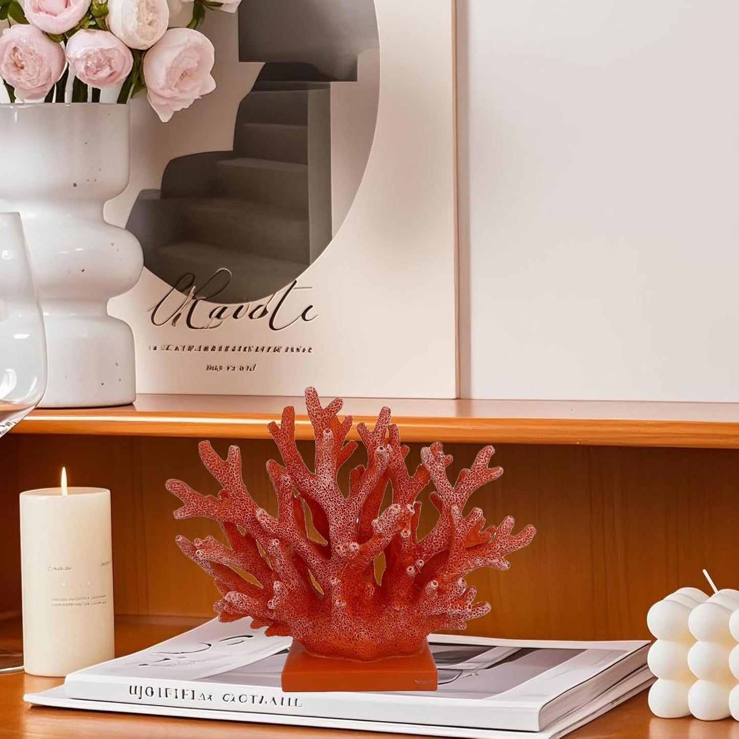 5.8" H Red Orange Coral Decor - Resin Coral Statue, Nautical Decor for Home, Bedroom, Bathroom, Living Room, Ocean Themed Cabinet Shelf Tabletop Decoration