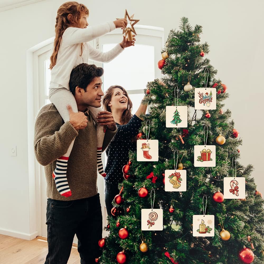 50 Pcs Square Wooden Tags, 3x3 Inch Unfinished Square Wood Slices Blank Square Wooden Slices with Holes, with Jute Twines for Sign Tags Home Party Hanging Decoration