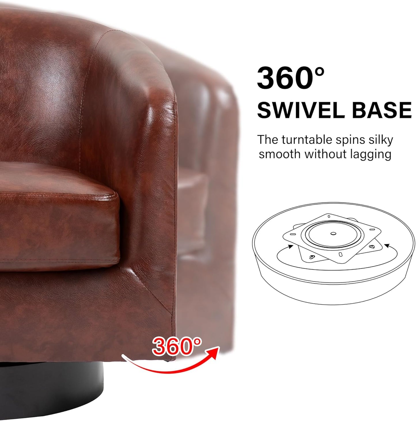 Swivel Barrel Accent Chair, Modern Round Faux Leather Arm Chair for Living Room, Bedroom, Comfy Club Reading Chairs for Adults(Faux Leather, Red Brown, Set of 1)