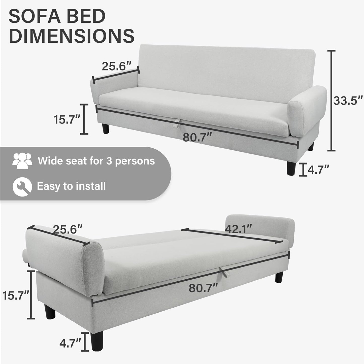 Convertible Futon Sofa Bed, 80.7" Adjustable Sleeper Sofa with Storage, 3-Seater Couch, 5-Position Reclining Back, 7" Thick Cushion, Twin Size Sofa for Small Spaces, Living Room, Bedroom, Dorm, Office
