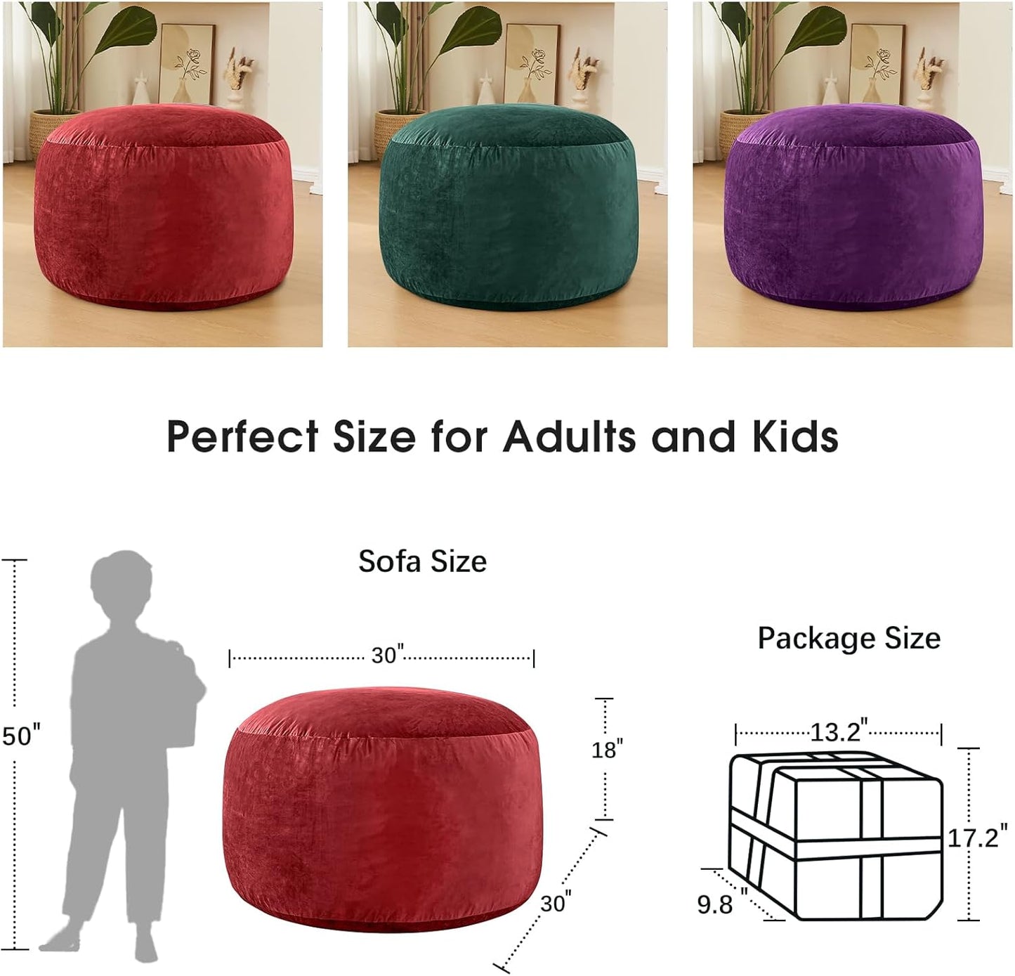 Bean Bag Chairs for Kids - Memory Foam Furniture BeanBag Chair - Kids/Teens Sofa with Soft Micro Fiber Cover - Round Fluffy Couch for Living Room Bedroom College Dorm - 2.5 ft, Red