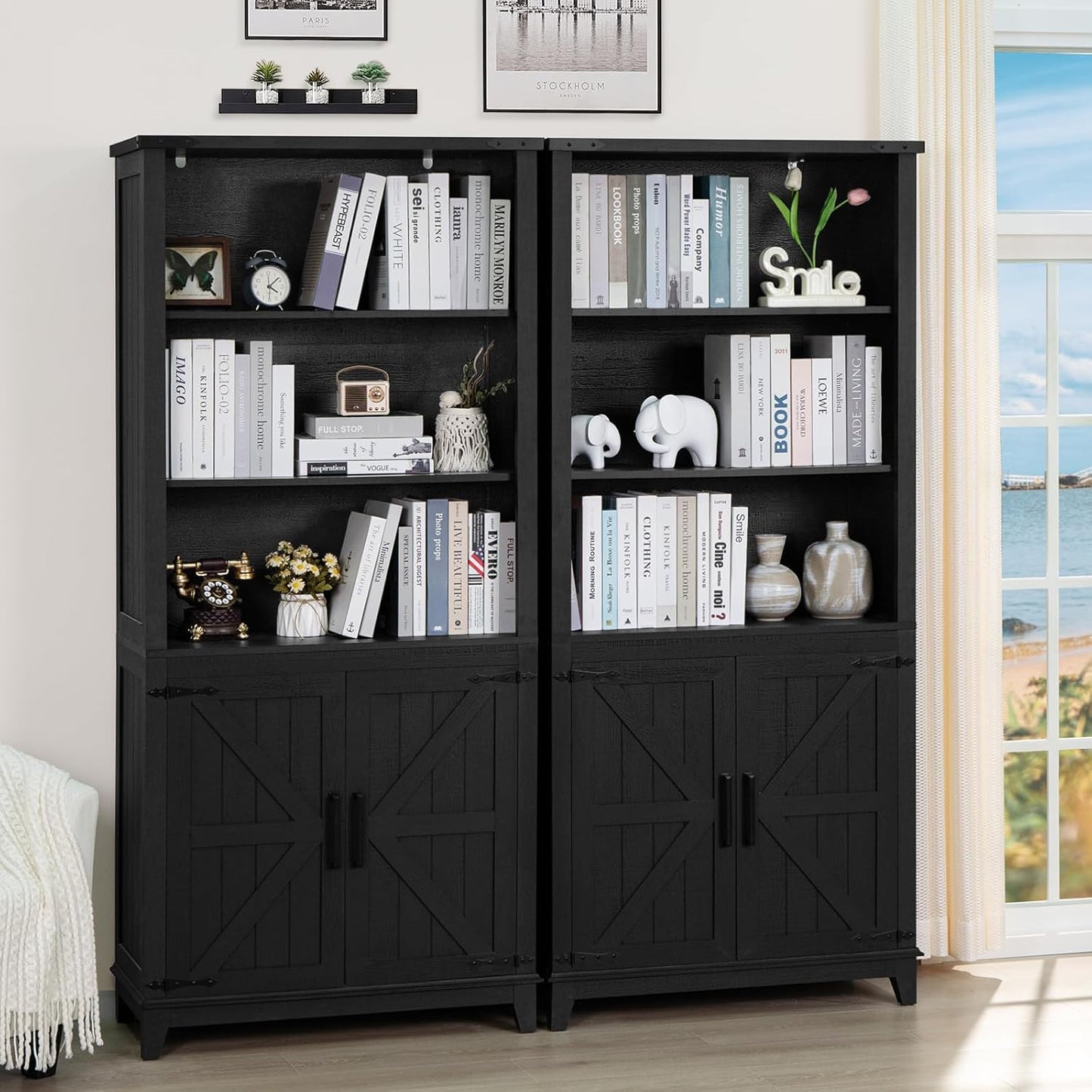 70in Tall Bookshelf 5 Tier Bookcase with Barn Doors and Adjustable Shelves, Black Farmhouse Book Shelf with Storage Cabinet, Wood Freestanding Display Bookshelves for Bedroom, Kitchen (2PCS)