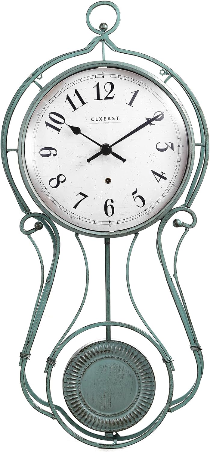 CLXEAST 20 Inch Metal Pendulum Wall Clock Battery Operated,Large Schoolhouse Wall Clocks for Living Room Decor,Antique Aged Teal Green Finish,House Warming Gifts New Home