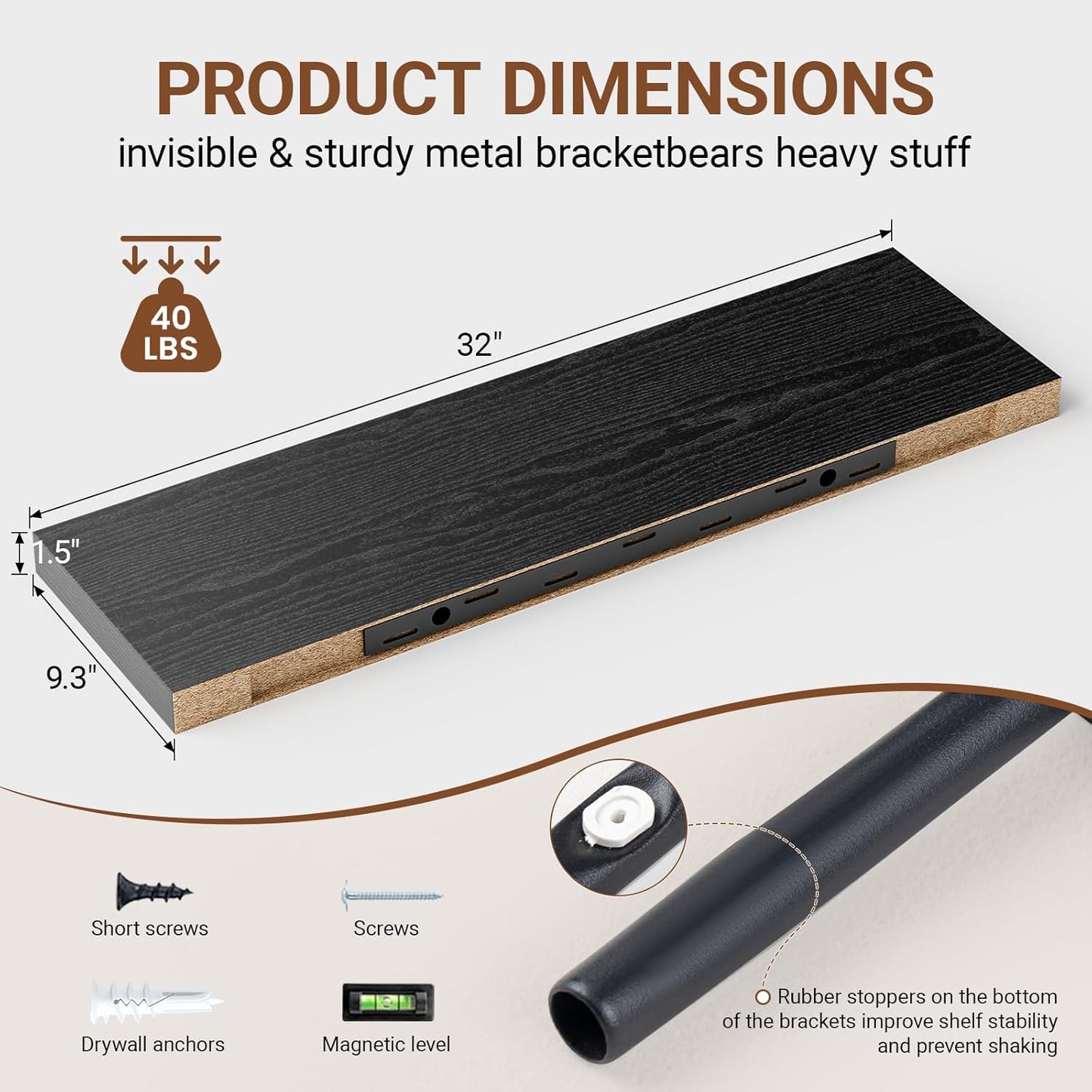 Heimlove 32 Inch Floating Shelves for Wall,Black 9.3" Deep Floating Shelf Set of 2,Wall Mounted Shelves for Bathroom Bedroom Living Room Kitchen Office,Shelf for Books Storage Room,Home Decor