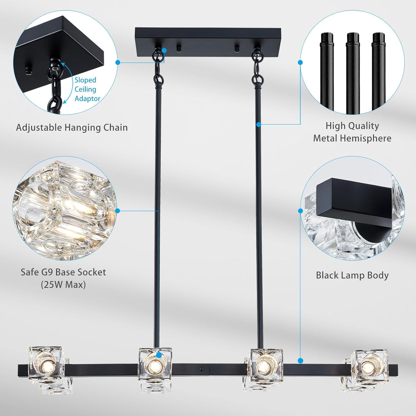 XINGQI Modern Chandeliers for Dining Room Over Table, 8-Light Rectangular Kitchen Island Light Fixture, Linear Farmhouse Metal Glass Black Vintage Hanging Lamp for Living Room Bar