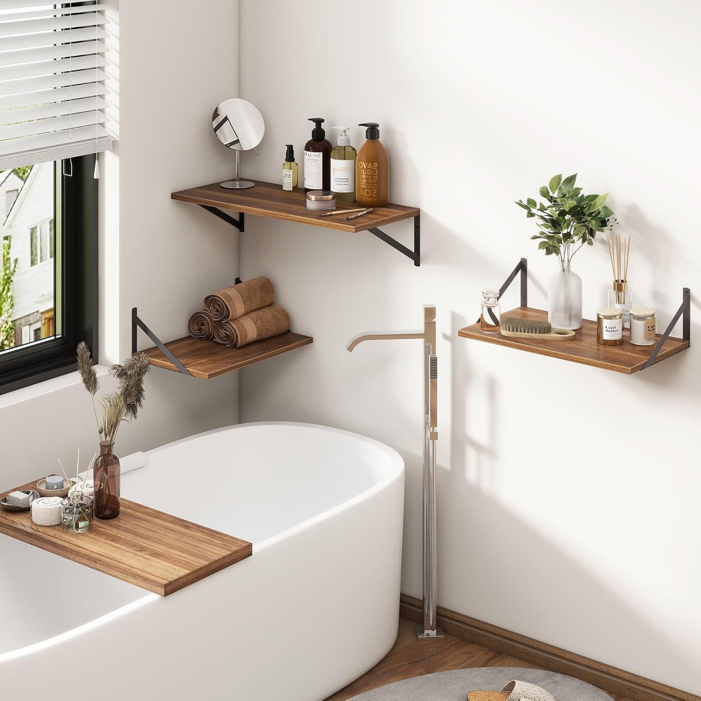 Fun Memories 27.5" W x12 D Floating Shelves, Large Wall Shelves 27.5 Inch Long, Set of 2, Farmhouse Wood Floating Shelf Wall Mounted, Deep Shelves for Bathroom, Living Room, Kitchen, Walnut Color