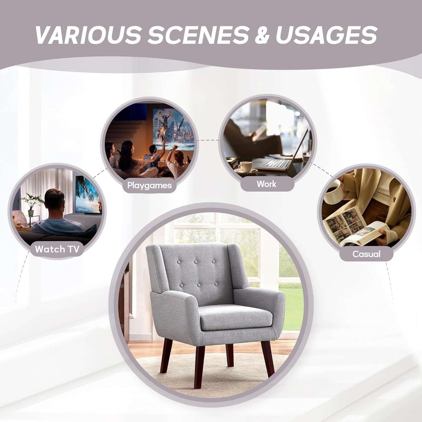 HUIMO Accent Chair Living Room Chair, Upholstered Button Tufted Armchair, Linen Fabric Sofa Chairs for Bedroom, Living Room, Mid Century Modern Comfy Reading Chair (Light Grey)