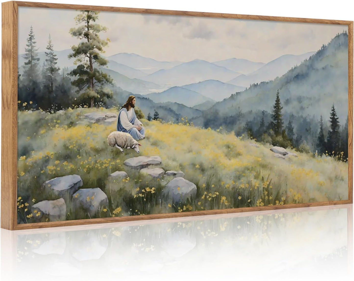 Aurlan Christian Jesus with Lost Sheep Wall Art(40"x20"), Boho Religious Lamb The Good Shepherd Psalm 23 Canvas Artwork, Large Abstcat Watercolor Vintage Nature Landscape Bible Story Decor for Home Dining Room Christ Gift