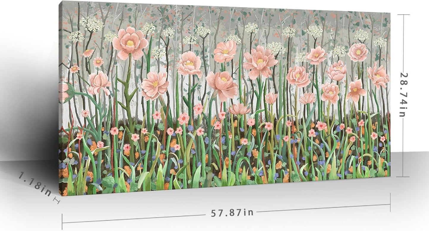 amatop Extra Large Floral Wall Picture for Living Room Modern Botanical Canvas Prints Flower Field Wall Decor Abstract Nature Art Wildflower Garden Pink Green Stretched Artwork Bedroom Office 58x29 in