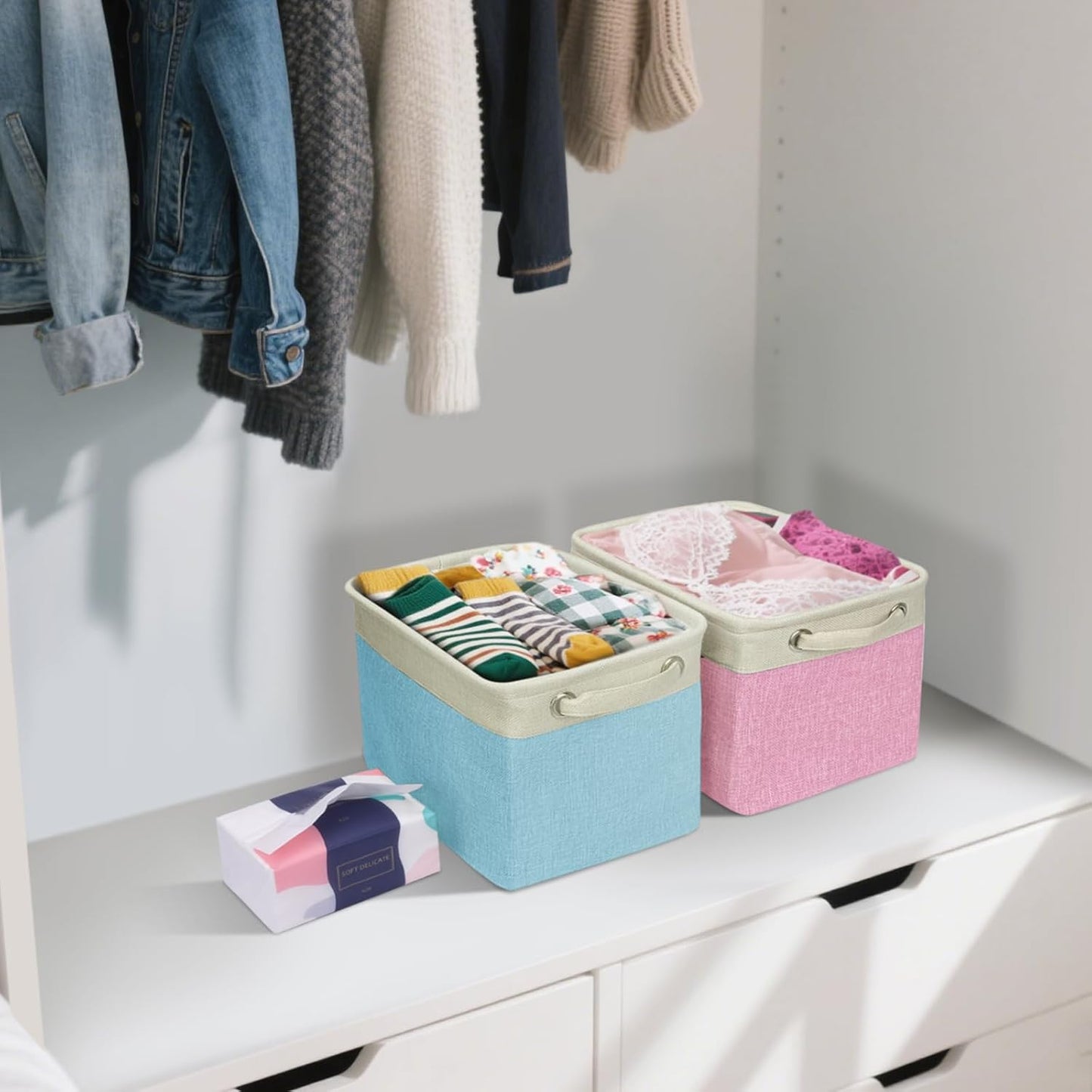 BALEINE 4 Pack Fabric Storage Bins for Shelves, Linen Storage Baskets for Organizing, Decorative Closet Bins for Clothes, Home (Lavender, 12"x8"x8")