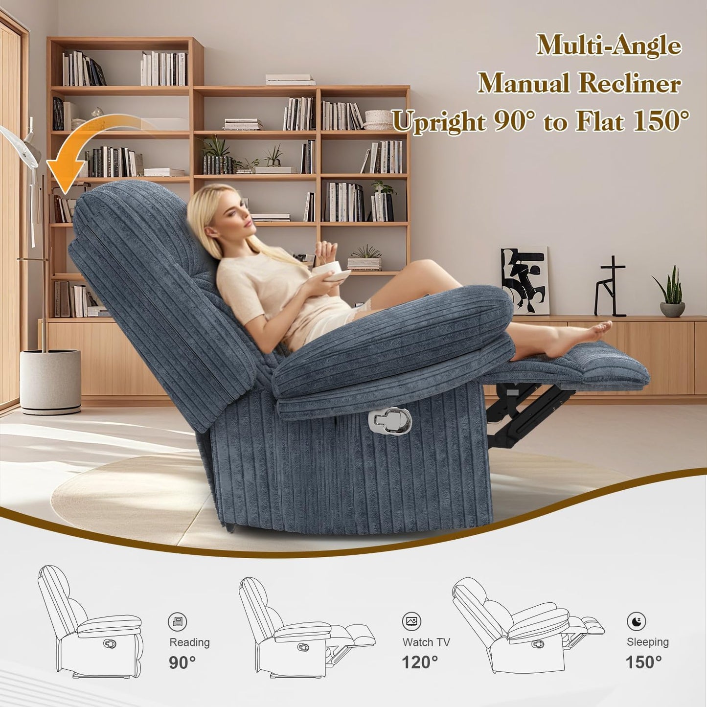 Recliner Chair for Adults, Oversized Manual Pull Tab Reclining Chair, 2-Tier Cushions, Minimalist Style Single Sofa for Living Room, RV (Corduroy)