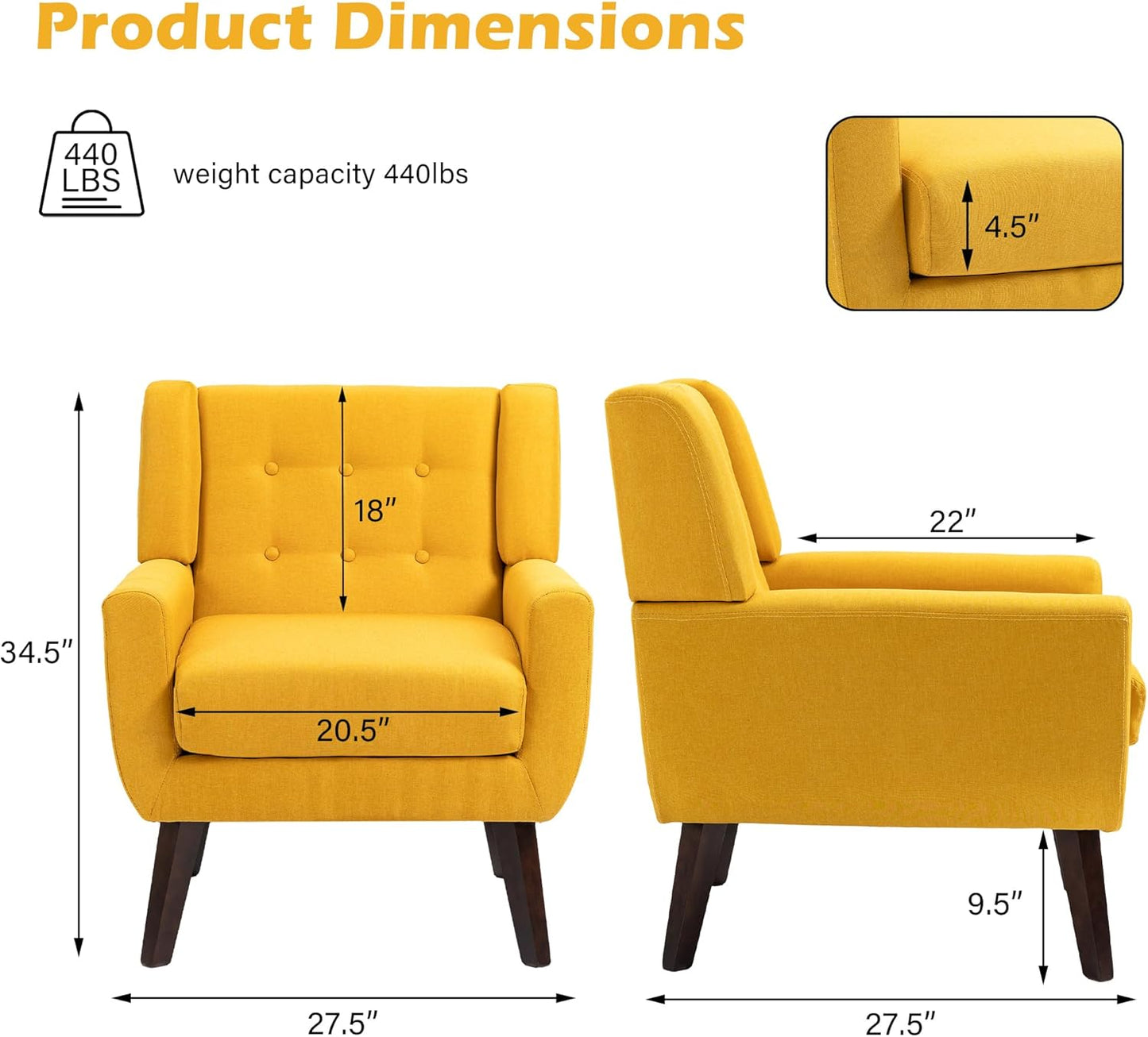 UIXE Accent Chair, Modern Upholstered Armchair in Fabric for Living Room, Comfy Club Arm Chairs Single Sofa Button Tufted Bedroom Reading Seat - Yellow, Set of 1