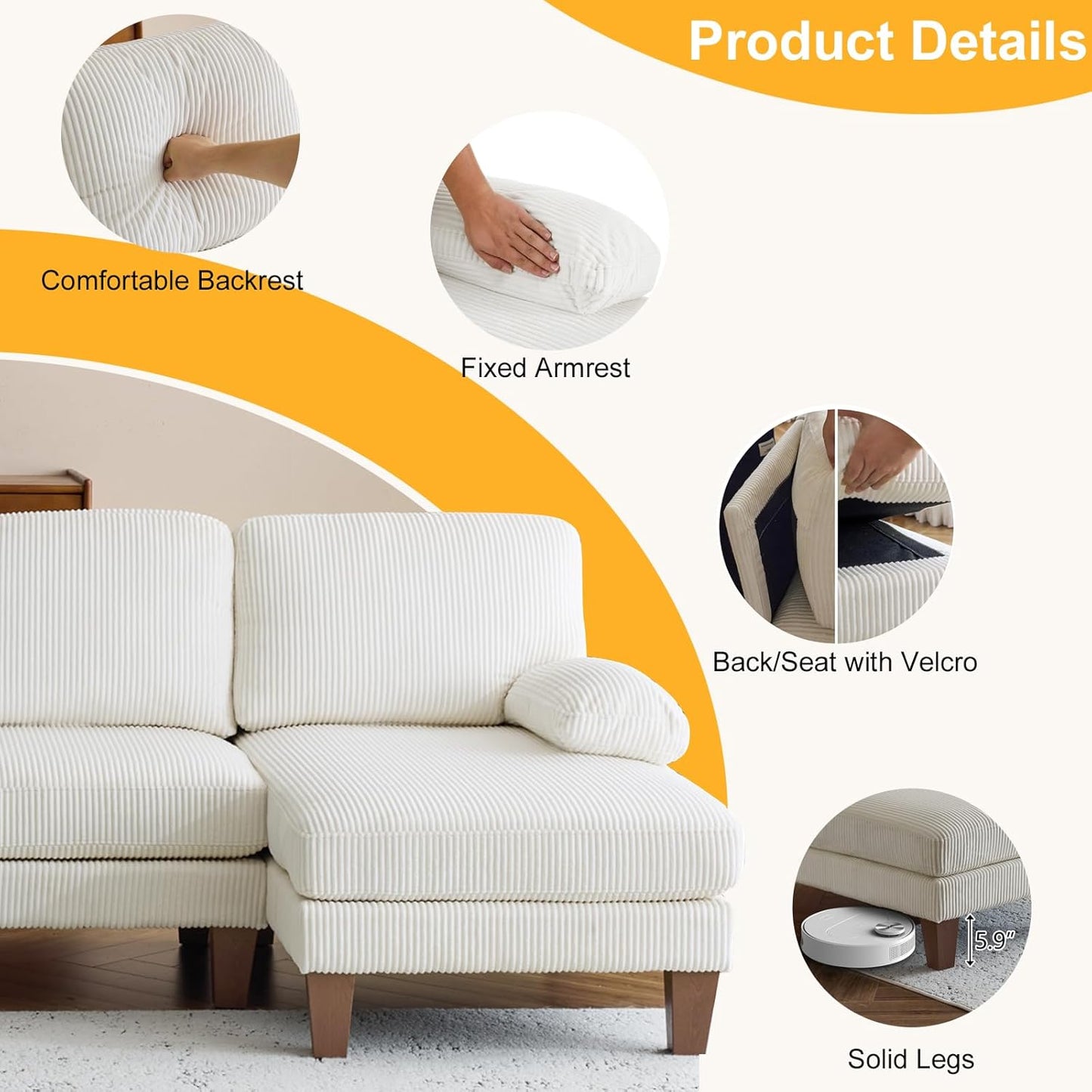 Karl home U-Shape Sectional Sofa Couch 111" Modern 4-Seat Sofa with Chaises Corduroy Fabric Upholstered Covertible Couch with Wood Grain Legs for Living Room, Reception Room, Apartment, Beige