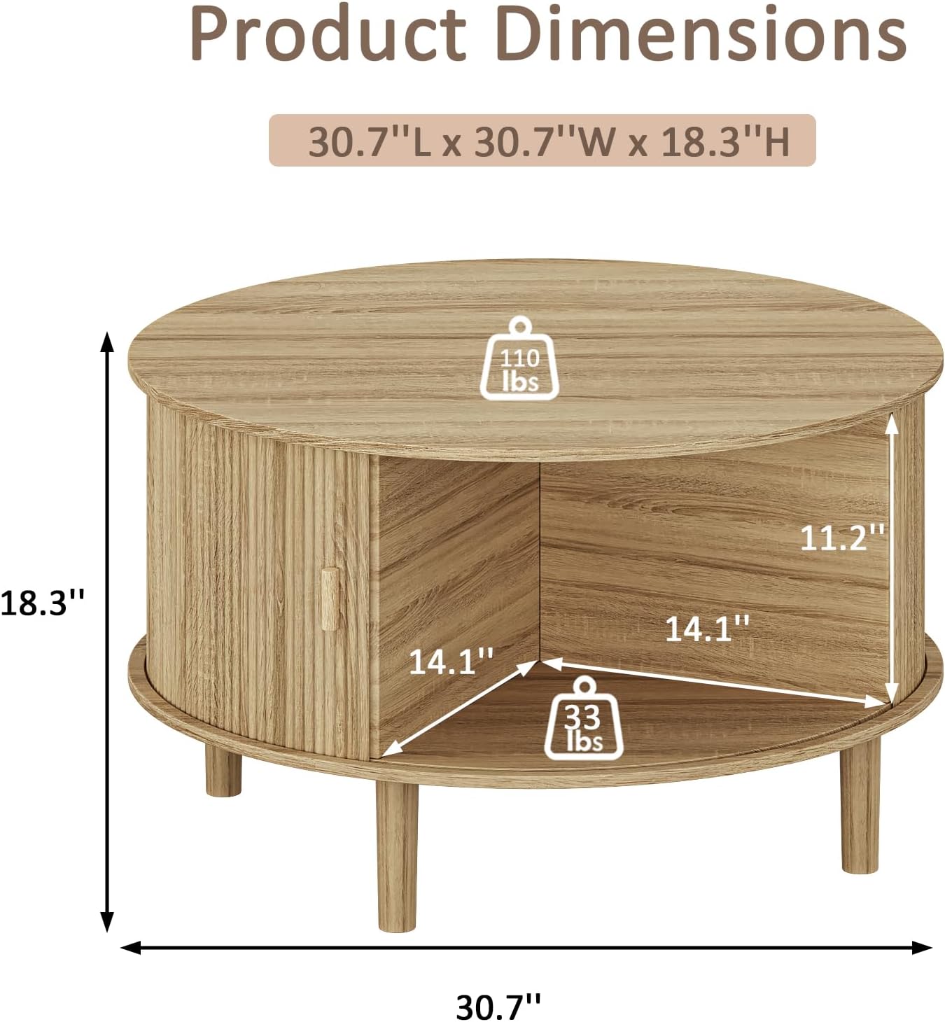 Round Coffee Table with Storage,Fluted Table with 360°Curved Sliding Doors,Solid Wood Legs, Mid Century Modern Center Table for Living Room,Apartment, Home Office,Oak,Natural