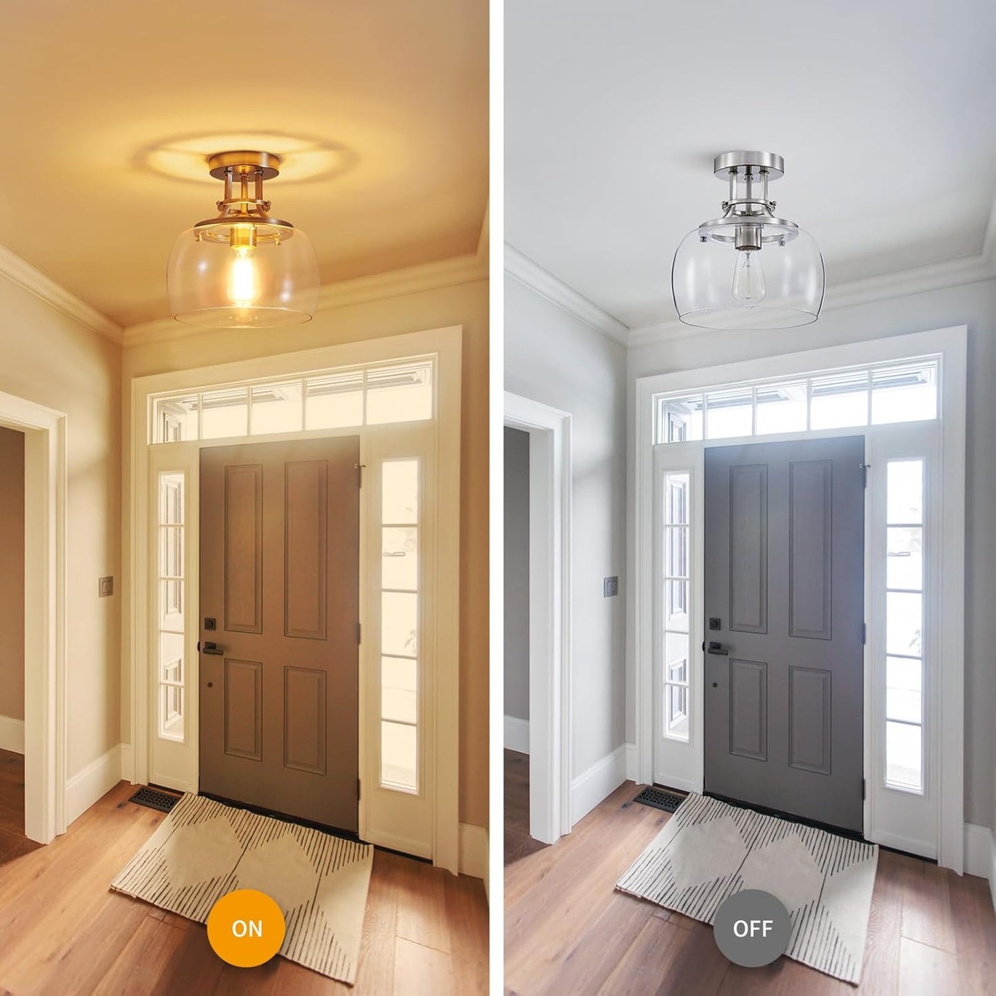 WUZUPS Chandelier Rustic Farmhouse Industrial Round Semi-flushmount Ceiling LED Light Fixture with Clear Glass Shades for Bathroom Kitchen Foyer Entryway, H 10" x W 10", E26 Base, Brushed Nickel