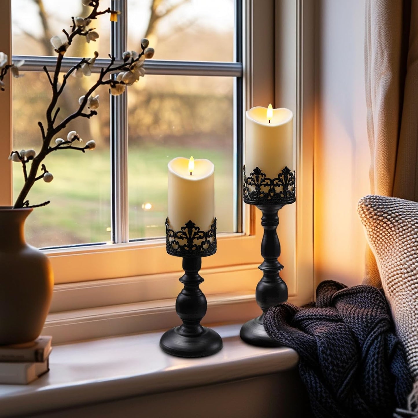 Homemory Black Halloween Candle Holders for Pillar Candles Set of 2, Gothic Vintage Candle Holders for Table Centerpiece, 11" 9" Tall Candle Stand Decorative for Dining Fireplace Living Room (Black)