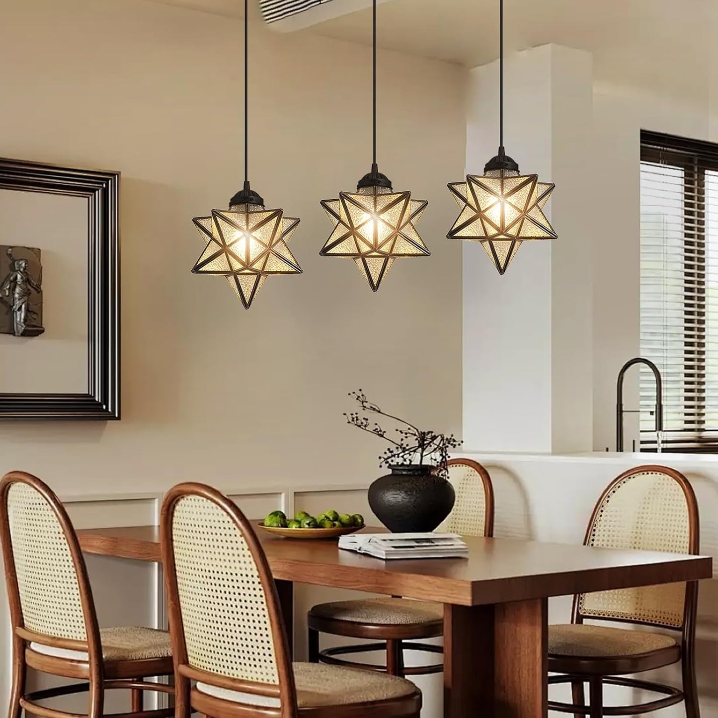 Modern Farmhouse Glam Chandelier Dining Room Glass Star Pendants Light Fixture Kitchen Island LED Ceiling Hanging Lights Included Warm Light Bulbs Black