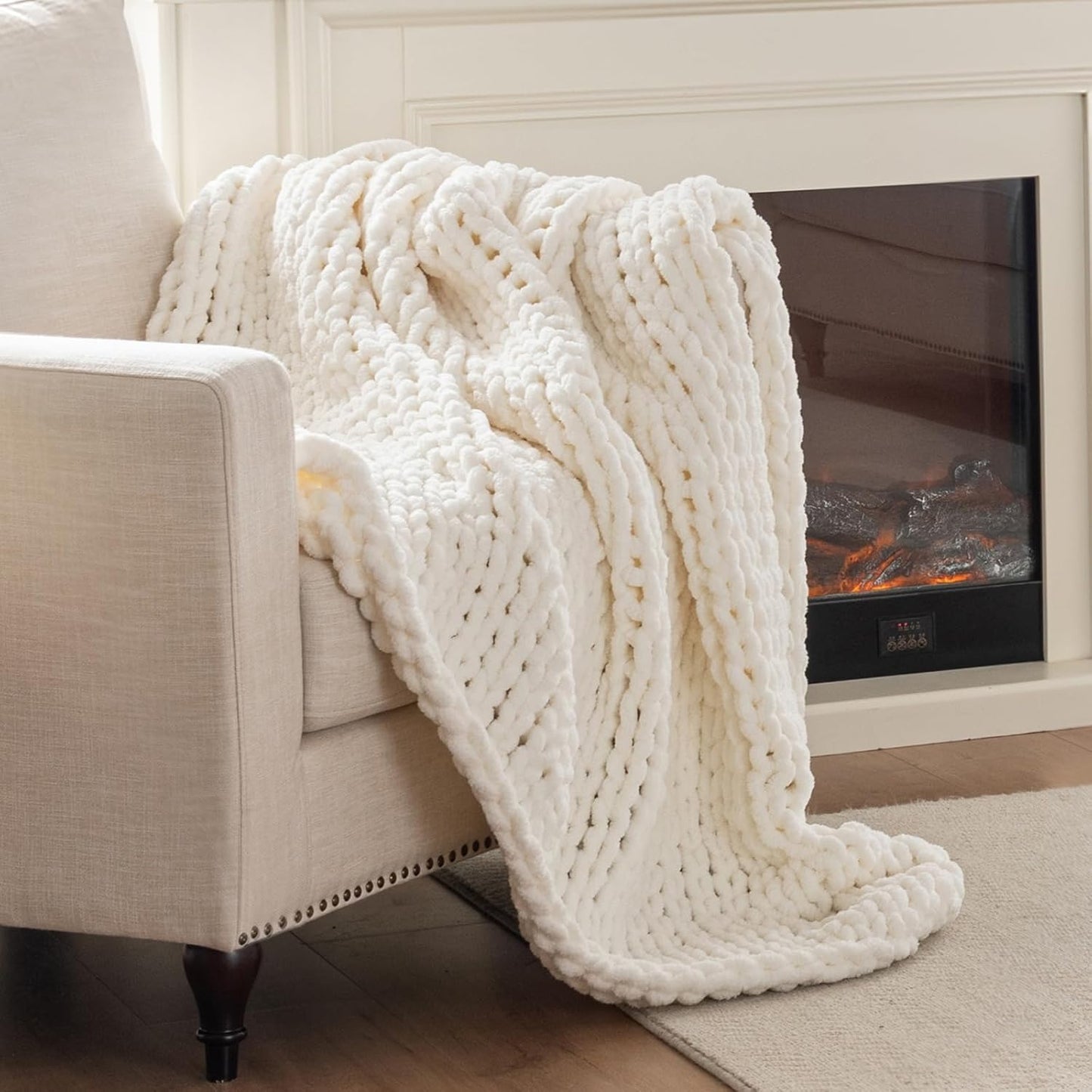 Chunky Knit Blanket Throw, 100% Hand Knit Throw Blanket Handmade Chenille Cable Knit Throw for Couch, Stylish Cozy Soft Rope Knot Crochet Blanket for Home Decor, Ivory, 50x60 Inches