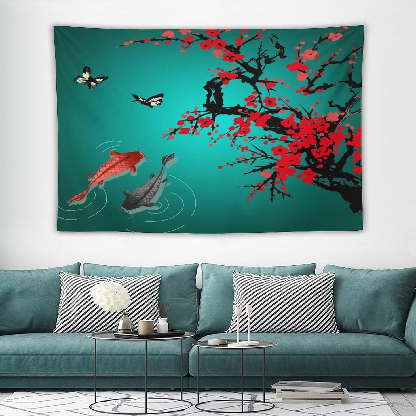 Houselerax Japanese Koi Fish Tapestry, Cherry Blossoms Asian Oriental Green Teal Floral Branch Koi Fish Carp Tapestries Wall Hanging for Bedroom Living Room Office Decor 90"x60"