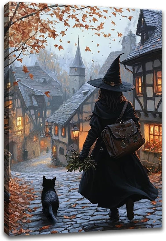 Autumn Witch And Black Cat Picture Wall Decor,Halloween Canvas Vintage Rustic Wall Art,Preppy Bedroom Living Room Bathroom Poster Print,8"x12" Framed