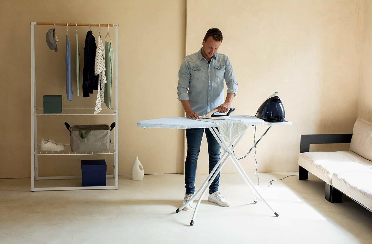 Brabantia Size C Ironing Board (49x18 in) 7 Height Options, Solid Steam Unit Holder (Fresh Breeze) Non-Slip Feet, Anti-Collapse Child Locks