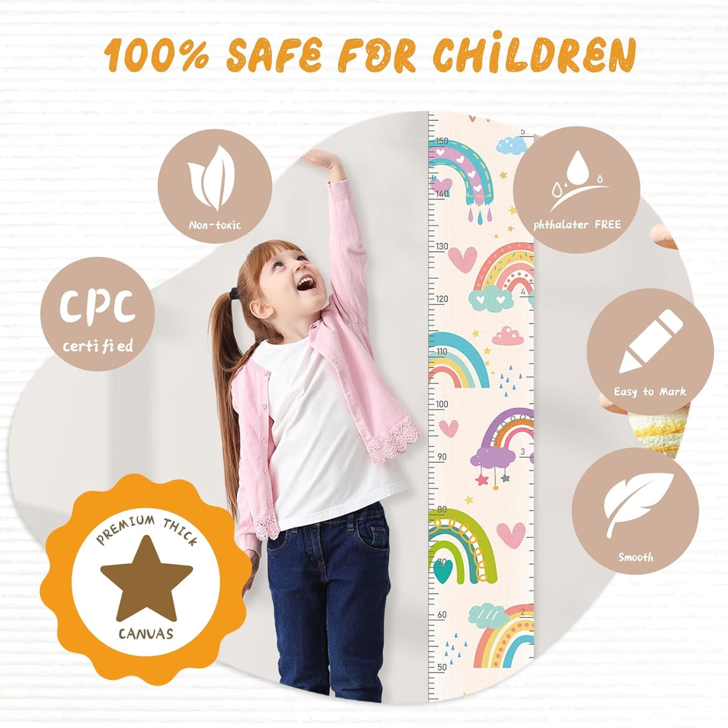 Personalized Name Growth Chart Wall Decor for Kids – Canvas Removable Height Chart Measuring Ruler 59" x 7.9" (Rainbows)