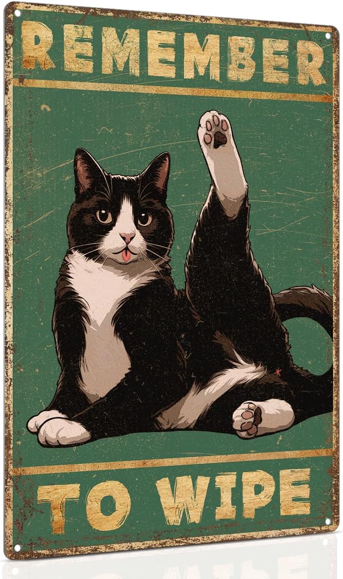 ALKB Bathroom Tuxedo Cat Sign - Remember to Wipe - Cat Lover Gift 8x12 Inch Vintage Metal Sign for Bathroom Decorations