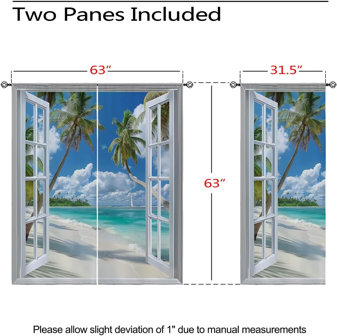 Beach Blackout Curtains for Girls Boys Teens Home Decor, Tropical Summer Scene Ocean Island Palm Tree Grommet Thermal Insulated Drapes Darkening Window Curtain for Bedroom Living Room, 63 x 63 Inch