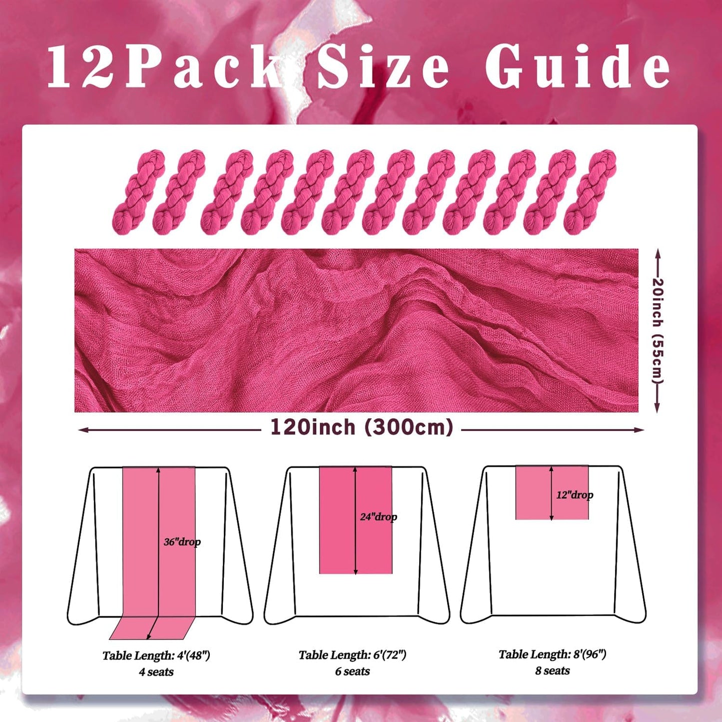 Hot Pink 12 Pack Cheesecloth Table Runner 10FT Boho Fabric Rustic Cheese Cloth Table Runner for Wedding 20 x 120 Inch Long Bridal Shower Baby Shower Gauze Sheer Birthday Party Table Decorations
