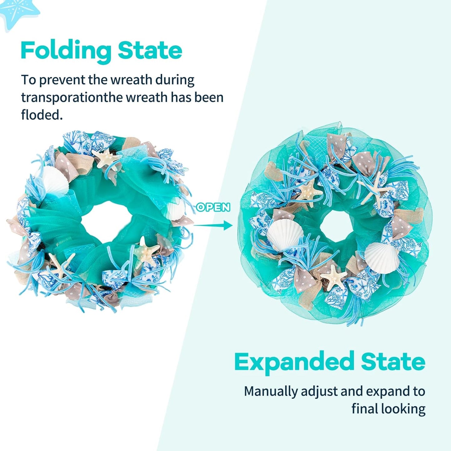 26 Inch Coastal Seashell Large Wreath with Natural Starfish & Scallops Shell, Lake Blue Beach Style Front Door Wreath with for Spring Summer, Farmhouse Rustic Indoor Outdoor Home Wall Wedding Decor