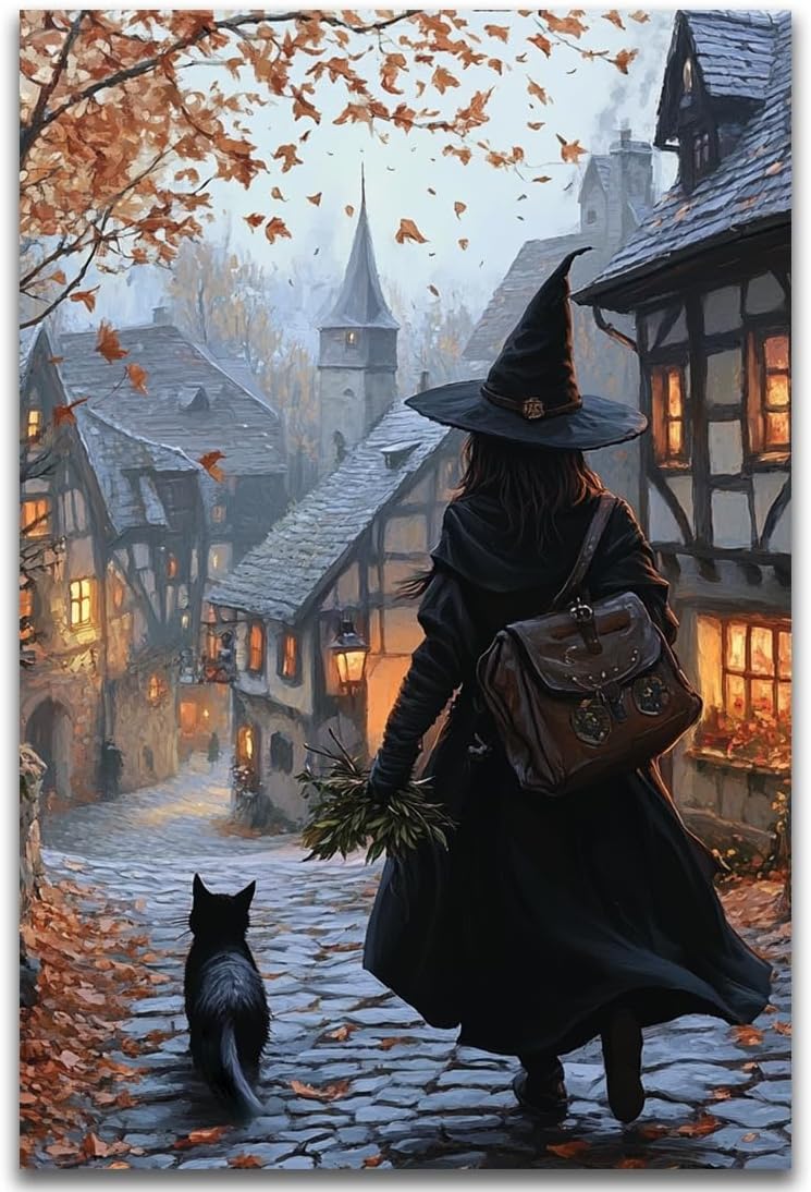 Autumn Witch And Black Cat Picture Wall Decor,Halloween Canvas Vintage Rustic Wall Art,Preppy Bedroom Living Room Bathroom Poster Print,16"x24" Unframed