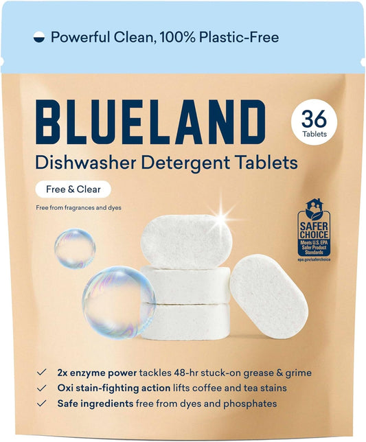 BLUELAND 100% Plastic-Free Dishwasher Detergent Tablets, 36 Count, Free & Clear, Eco-Friendly Dishwashing Pods, Natural, Sustainable