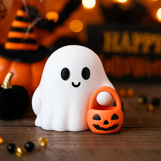 Halloween Ghost Figurine Cartoon Cute Spooky Carrying Pumpkin Basket Desk Display Ornament Tiny Trick or Treat Ghost Resin Halloween Statue for Home and Office Tabletop Decor Supplies